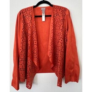 Chico’s Faux Suede Jacket Womens Size 2 Orange Open Front Laser Cut Lightweight
